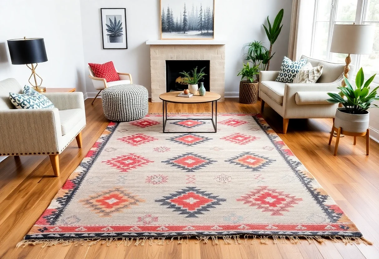 A beautifully crafted upcycled Turkish kilim rug with geometric patterns in a modern living room setting.
