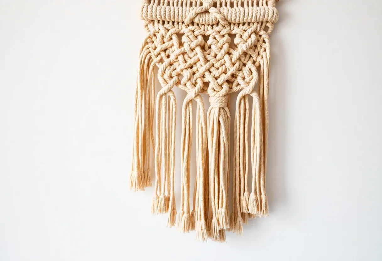 A bohemian style woven wall hanging with intricate knots and tassels in natural beige colors.