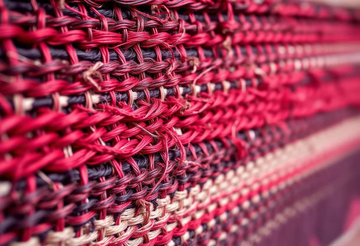 A close-up of a woven textile featuring rich red and dark brown threads in a traditional Turkish pattern.