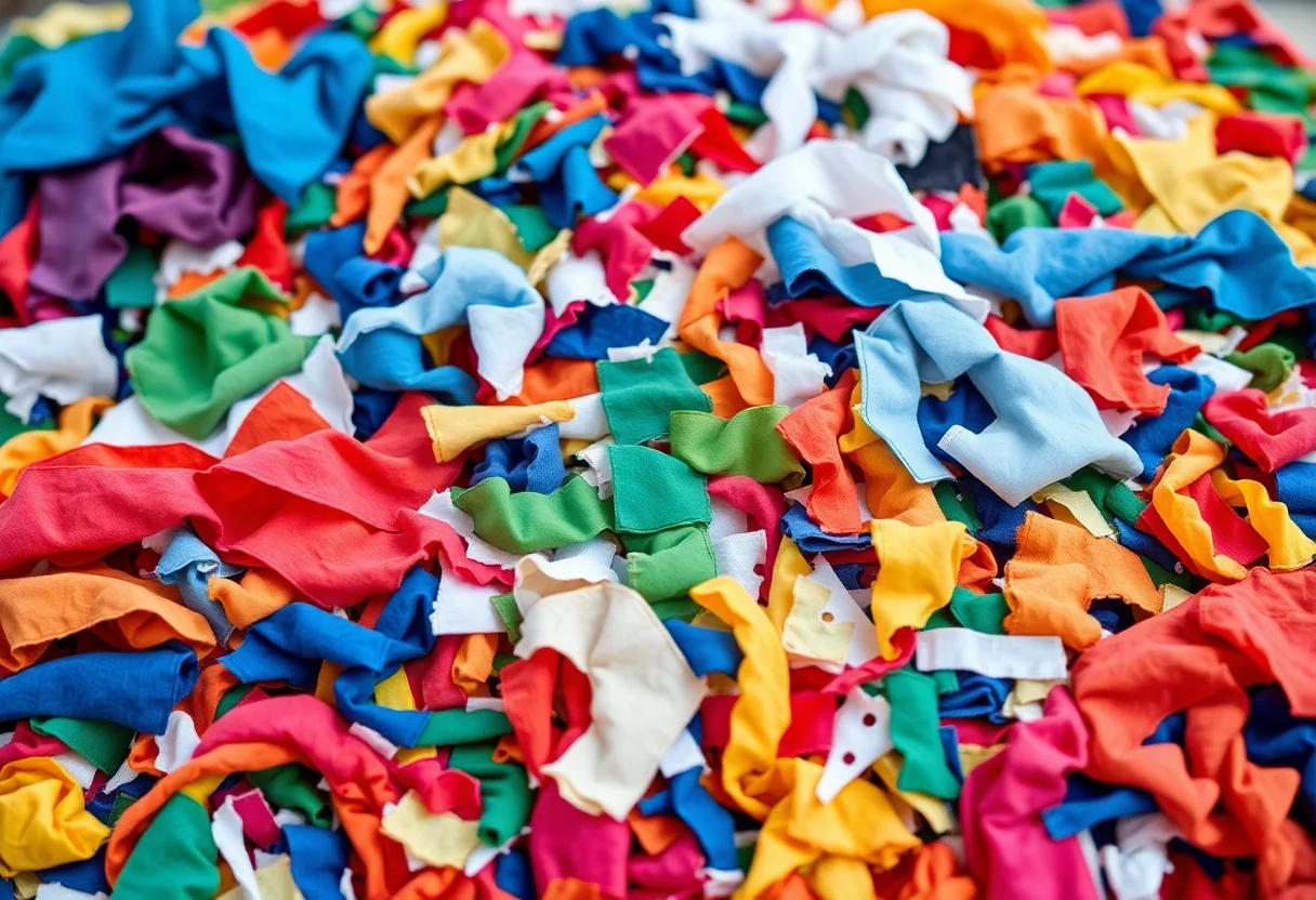 A colorful pile of sorted waste textile scraps ready for upcycling.