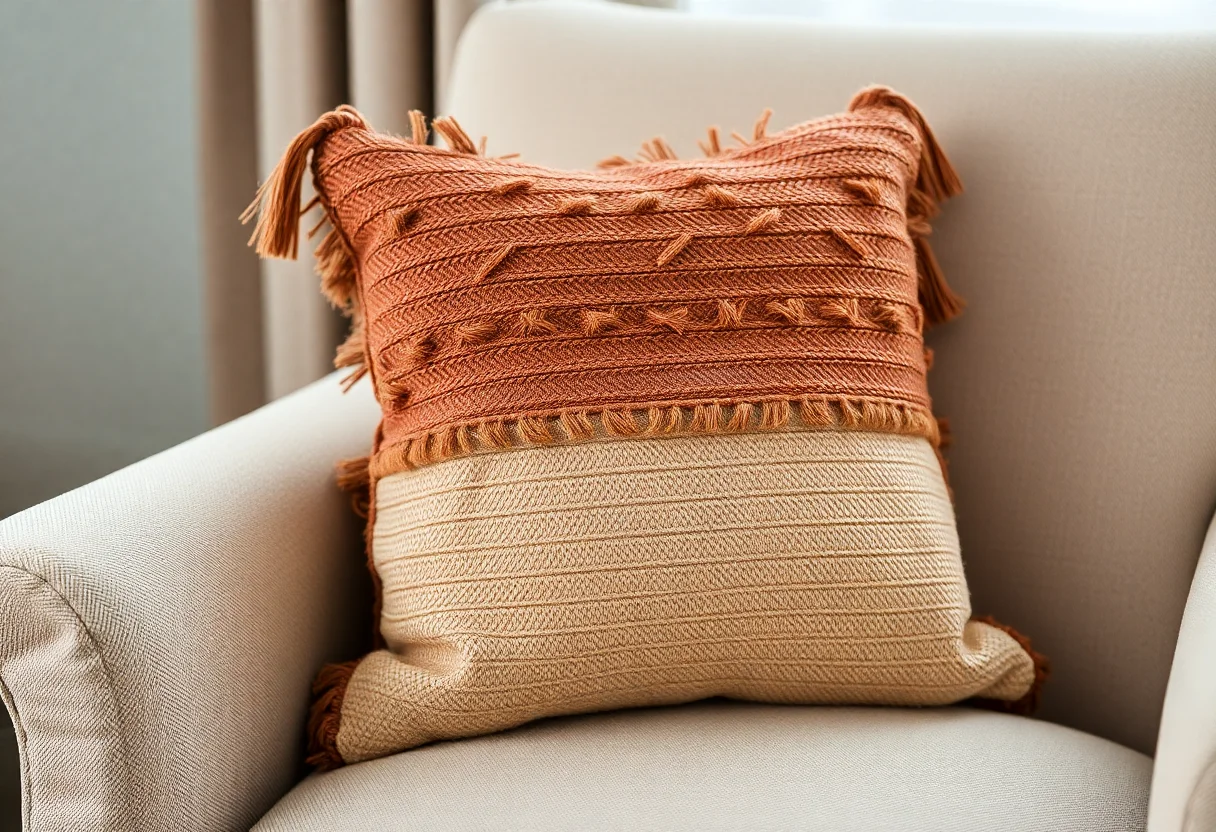 A decorative, textured pillow with brown and beige tones, placed on a cozy armchair.