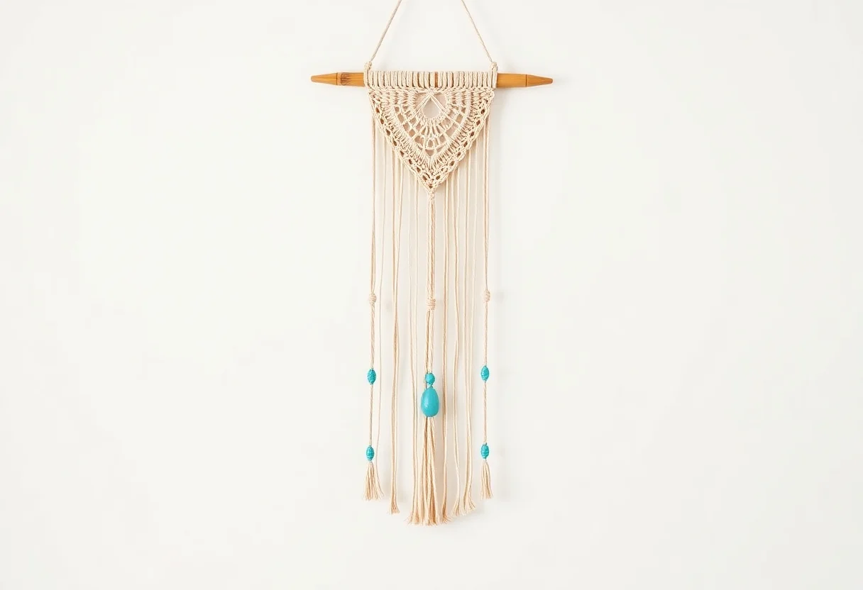 A delicate macrame wall hanging with turquoise beads against a clean white wall.