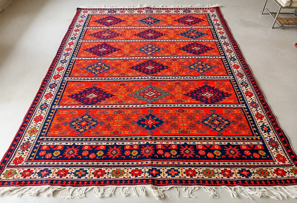 A finished upcycled Turkish kilim with intricate patterns and vibrant colors laid out for final inspection.