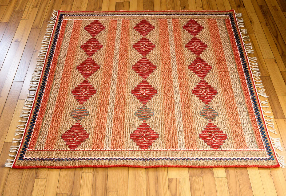 A handwoven rustic kilim with earthy tones and geometric patterns laid on a wooden floor.