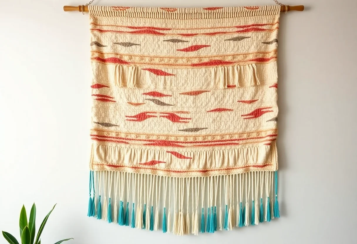 A large, textured wall hanging made from upcycled textiles with tassels and turquoise details.