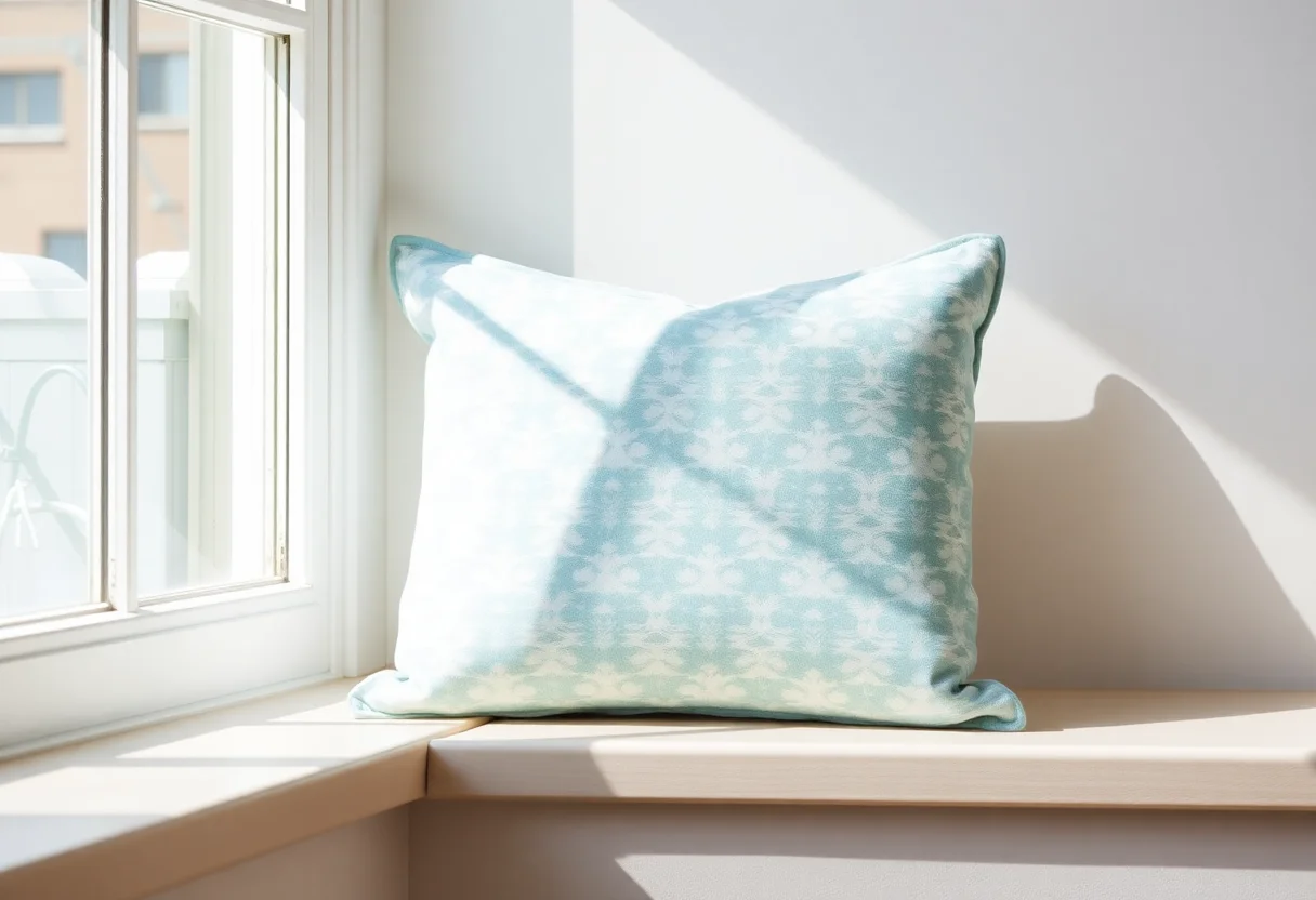 A light blue and white patterned pillow on a sunlit window seat, evoking a coastal vibe.
