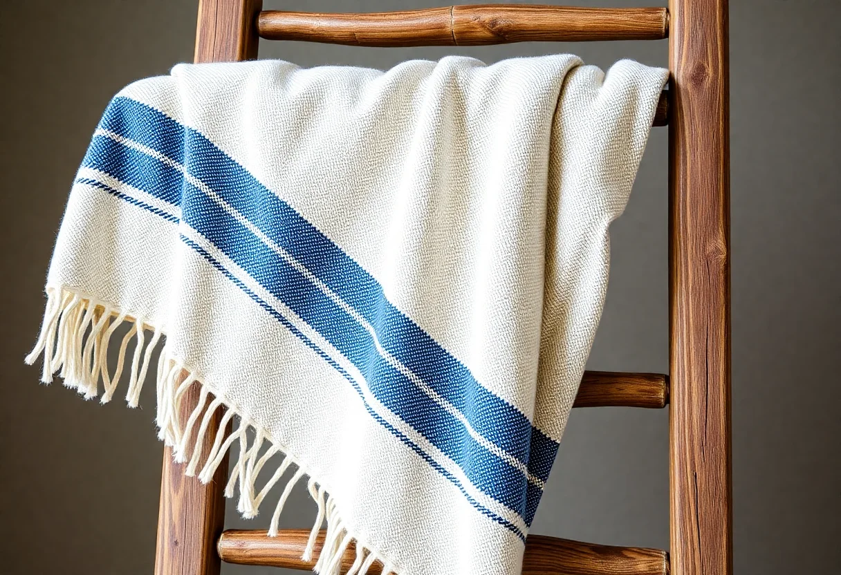 A lightweight, handwoven throw blanket with blue and cream stripes draped over a rustic ladder.