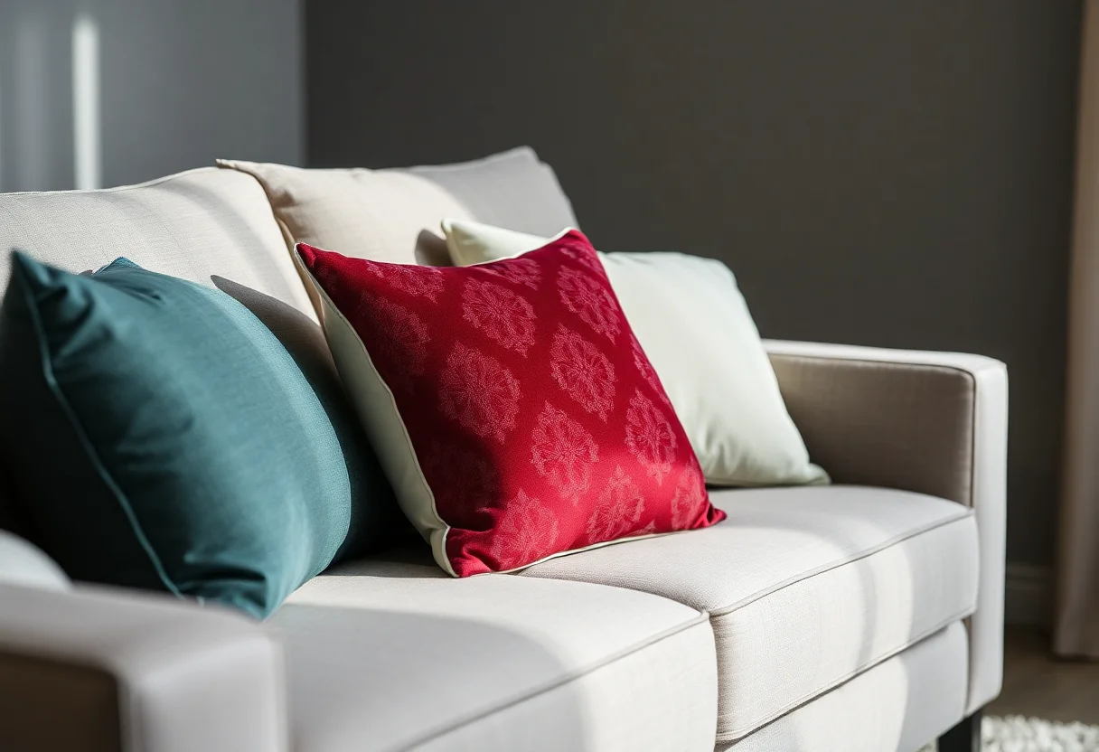 A set of cushions on a modern sofa, one of which is a deep red velvet with a traditional pattern.