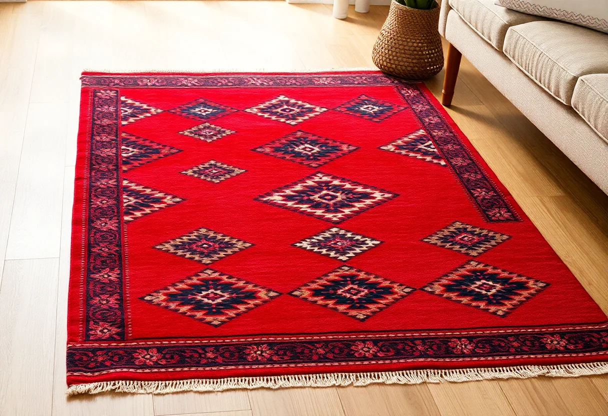 A vibrant red Turkish kilim with intricate black and cream patterns, creating a bold statement on the floor.