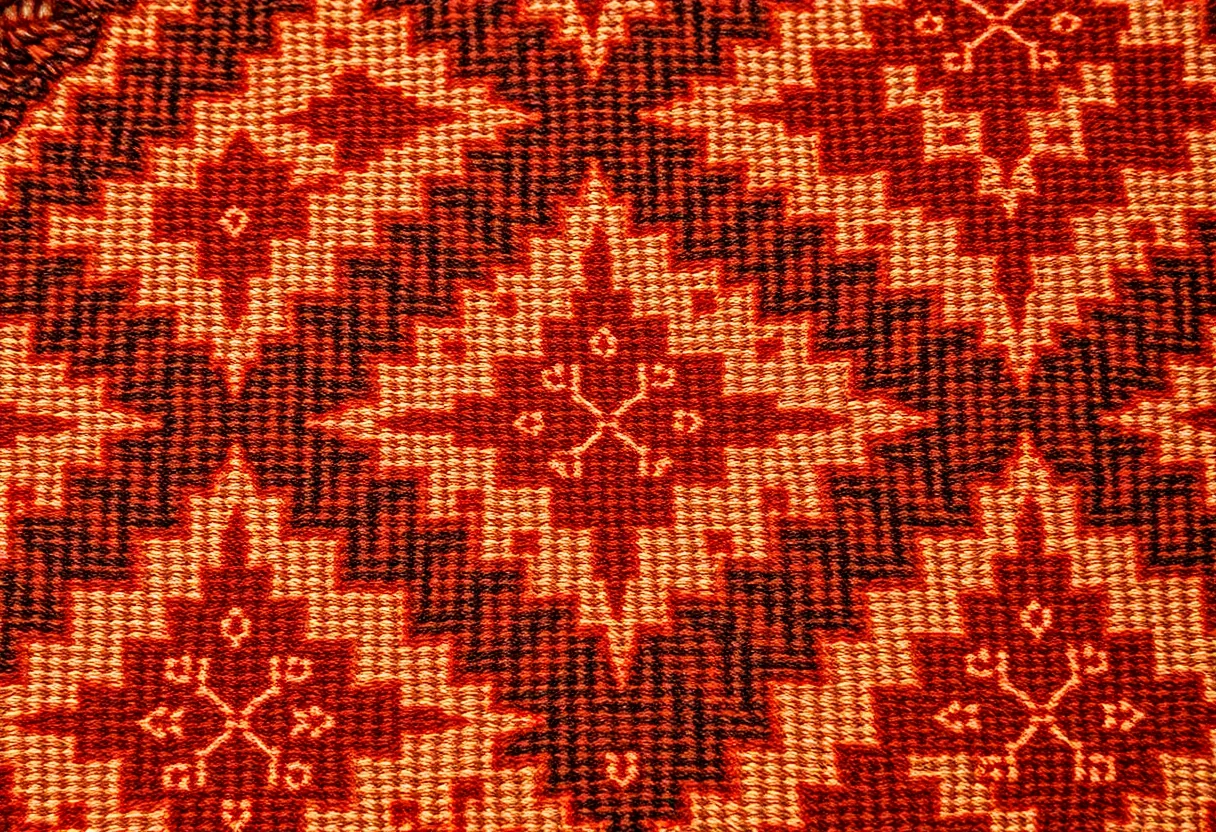 Close-up of a traditional Turkish kilim with intricate geometric patterns in warm, earthy tones.