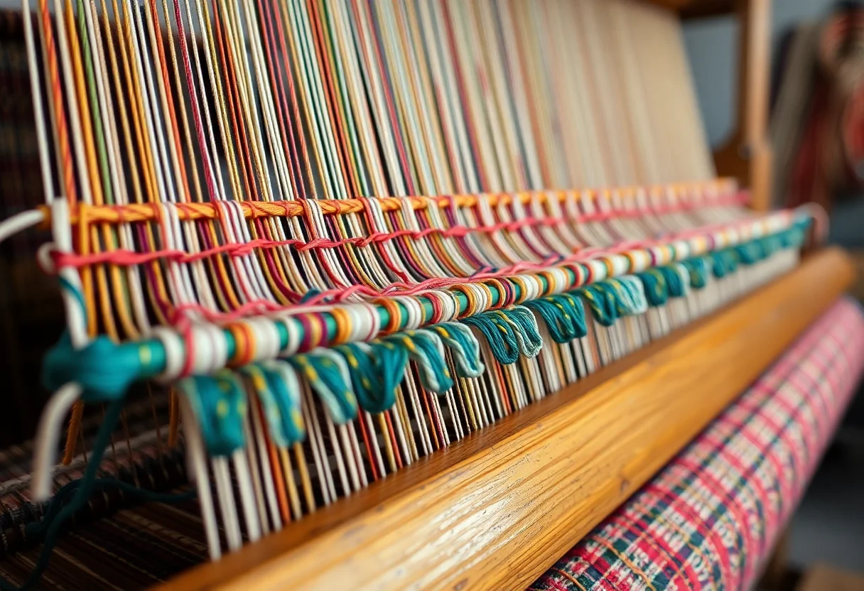 Close-up of a traditional Turkish loom with colorful threads and intricate patterns being woven.