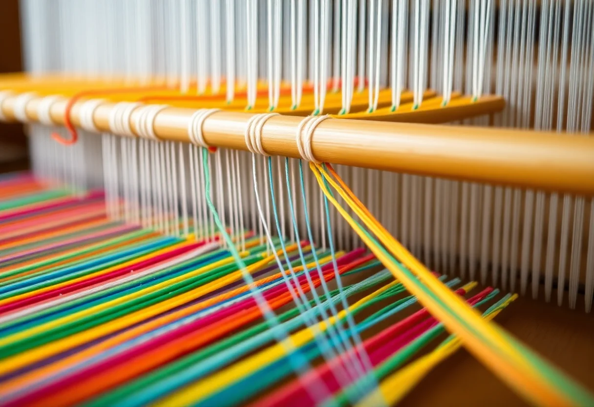 Close-up of colorful threads on a traditional weaving loom