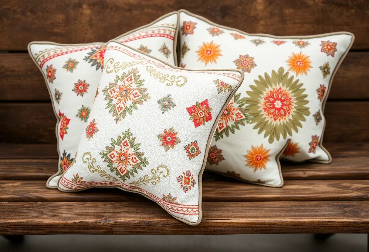 Decorative cushion covers with traditional Anatolian motifs lying on a rustic wooden bench.