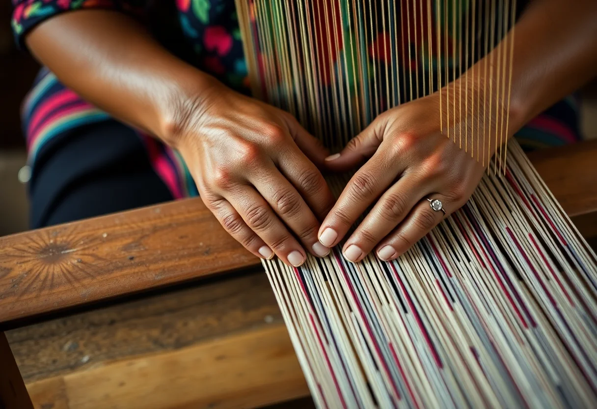 Hands of a weaver working on a traditional wooden loom, creating a colorful textile.