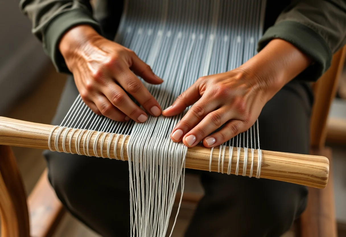 Hands of an artisan weaving on a traditional wooden loom, showing the intricate process of creating a textile.